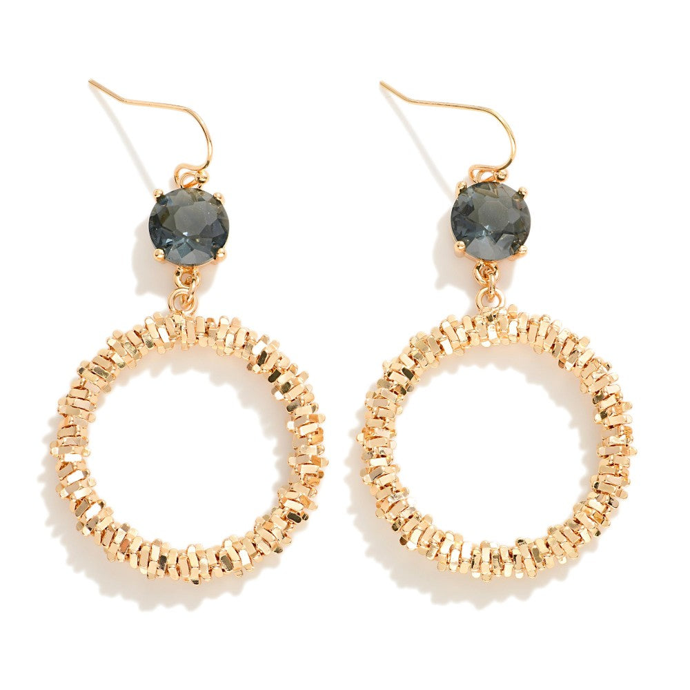 Crinkle Metal Hoop Drop Earrings With Glass Crystal Detail - Black