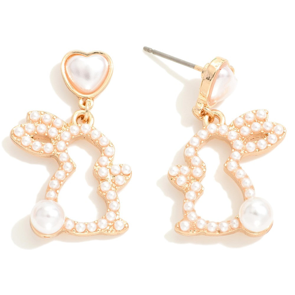 Pearl Pave Easter Bunny Outline Drop Earrings - Gold