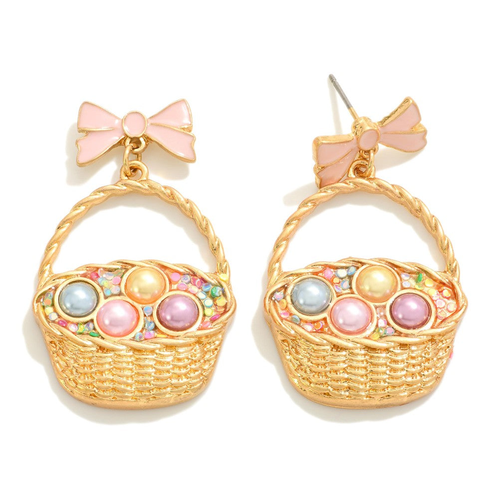 Metal Easter Basket Drop Earrings With Pearl Details