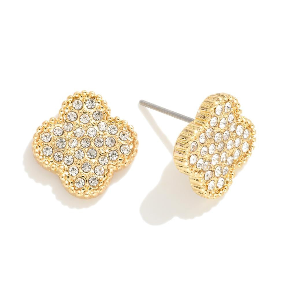 Gold Pave Clover Stud Earrings Quatrefoil Crystal Statement Earrings