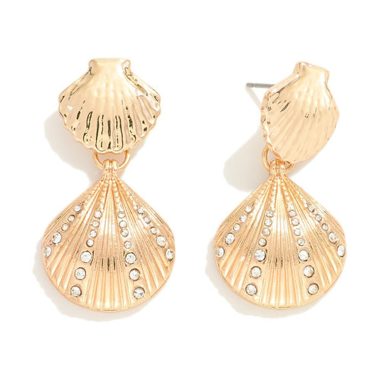Linked Metal Shell Earrings With Rhinestone Detail - Gold (Copy)