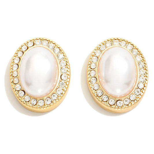 Oversized Pearl Stud Earrings With Rhinestone Studded Border