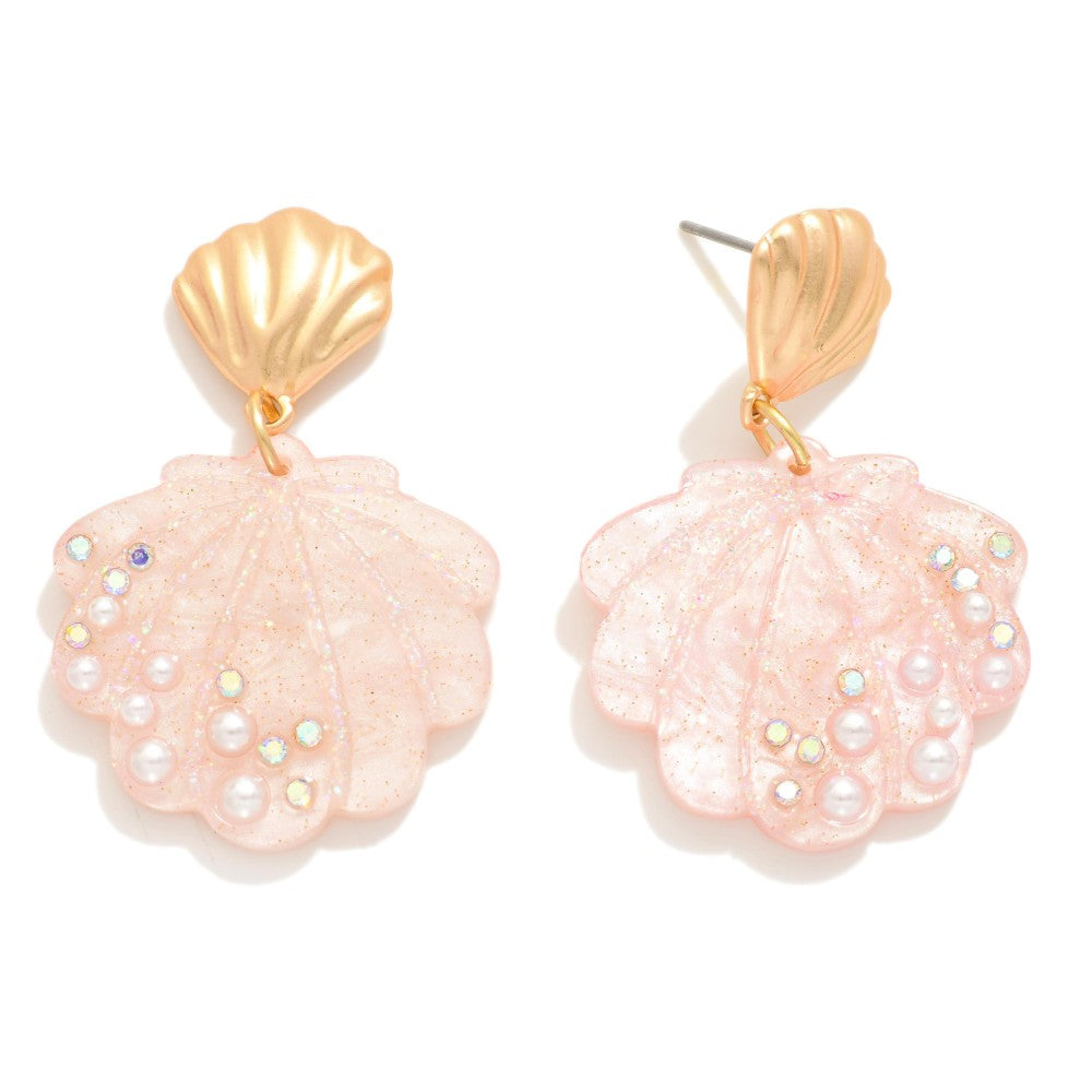 Acetate Shell Drop Earrings With Pearl, Rhinestone, and Glitter Details - Pink
