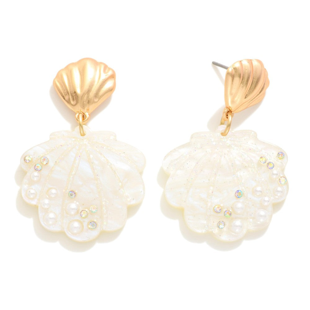 Acetate Shell Drop Earrings With Pearl, Rhinestone, and Glitter Details - White