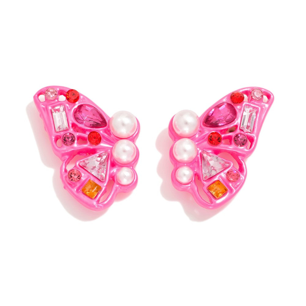 Rhinestone & Pearl Studded Butterfly Earrings - Hot Pink