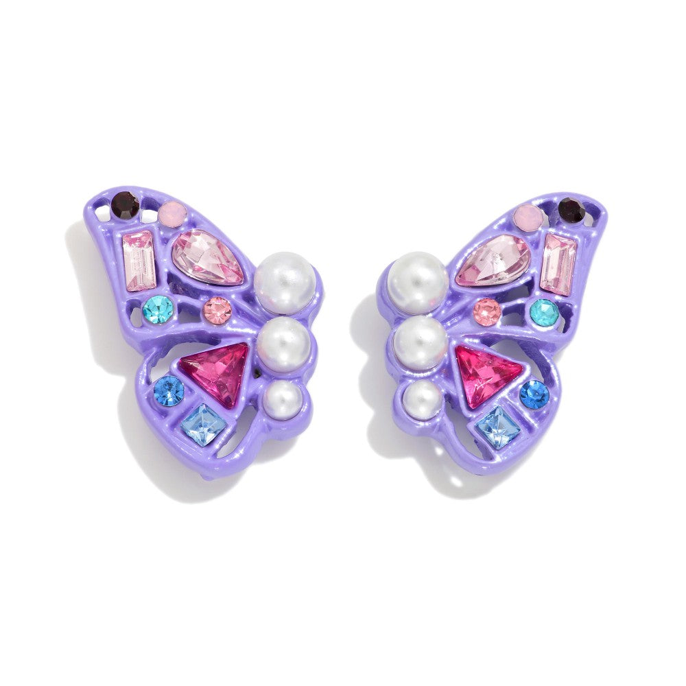 Rhinestone & Pearl Studded Butterfly Earrings - Lavender