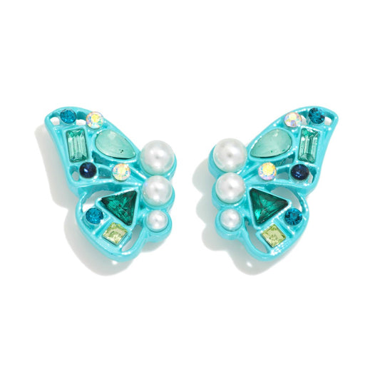 Rhinestone & Pearl Studded Butterfly Earrings - Mint