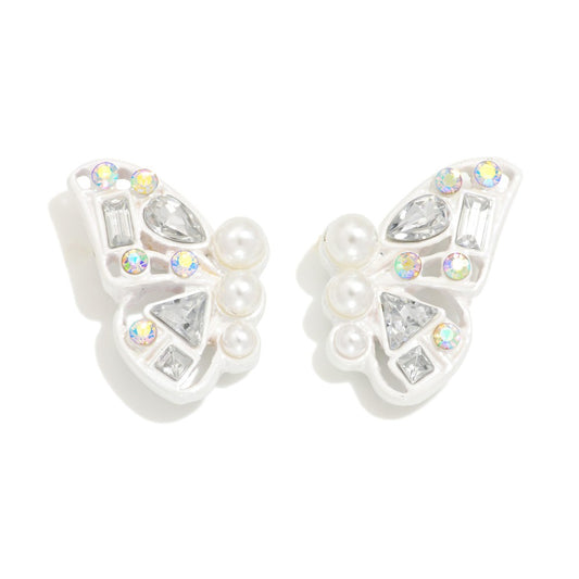 Rhinestone & Pearl Studded Butterfly Earrings - White