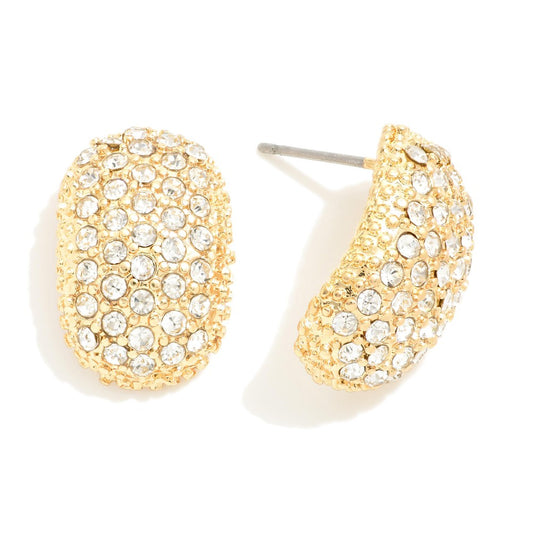Rhinestone Pave Oval Teardrop Post Drop Earrings - Gold