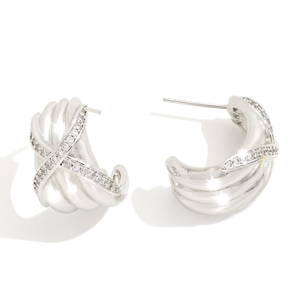 Do Everything In Love Ridged Hoop Earrings With Cubic Zirconia 'X' Detail - Silver