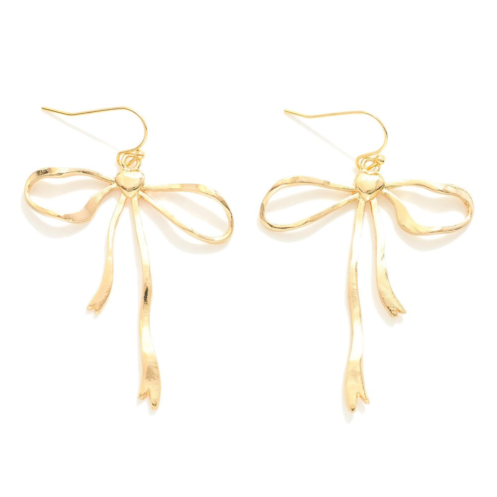 Metal Bow Drop Earrings - Gold