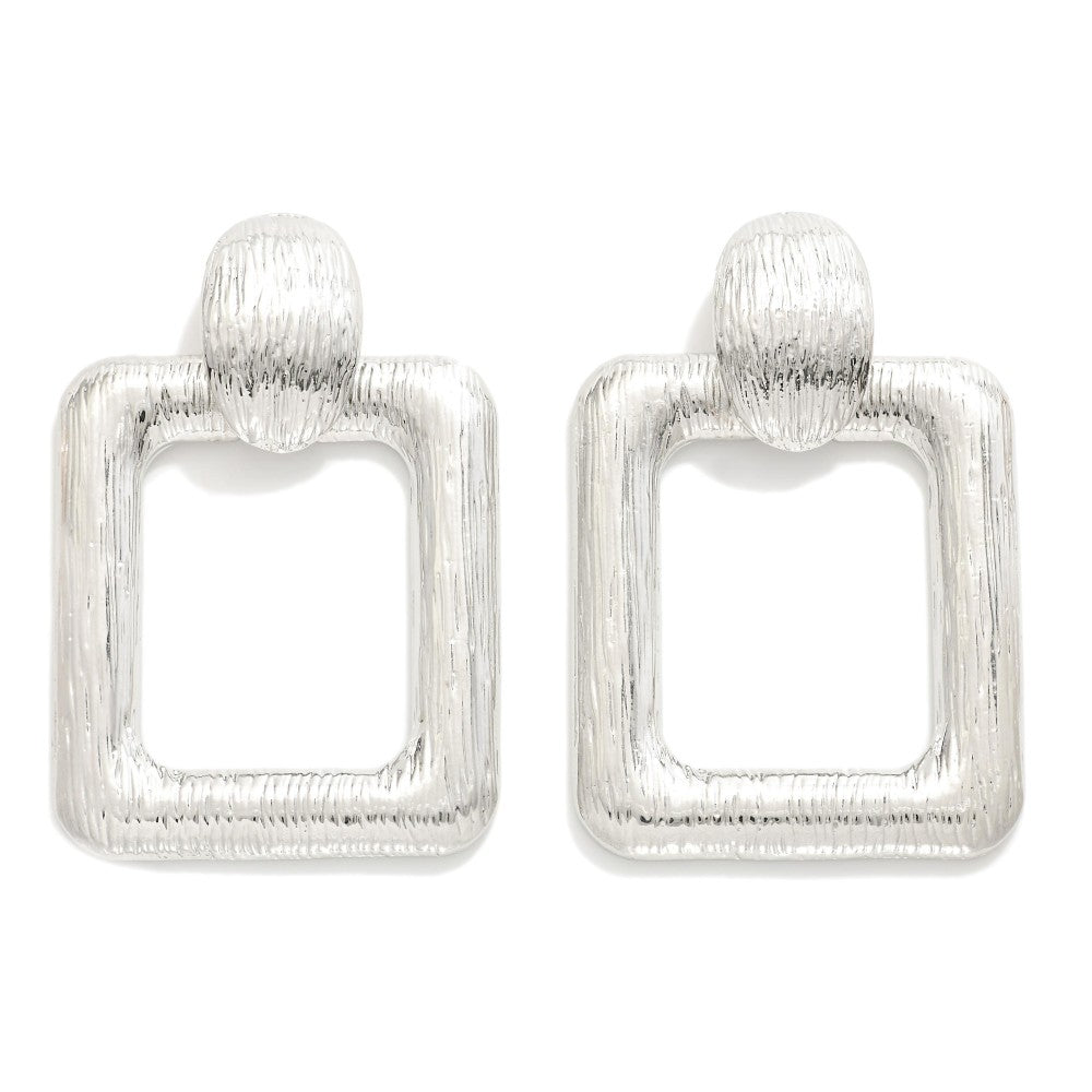 Brushed Metal Rectangular Door Knocker Drop Earrings - Silver