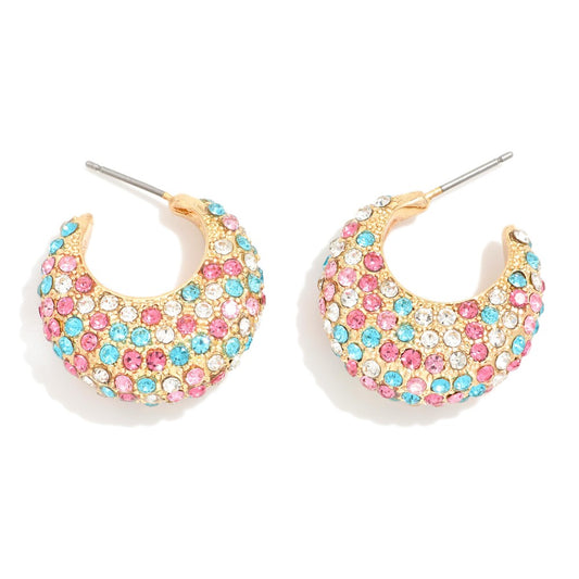 Rhinestone Studded Metal Tapered Hoop Earrings - Multi Color