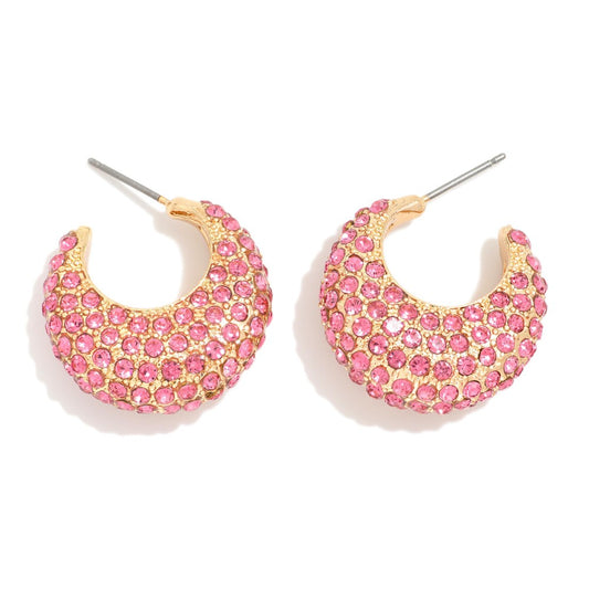 Rhinestone Studded Metal Tapered Hoop Earrings - Pink