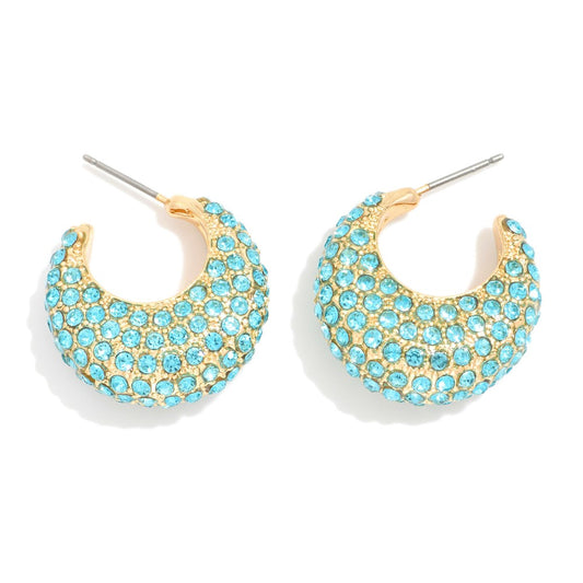 Rhinestone Studded Metal Tapered Hoop Earrings - Turquoise