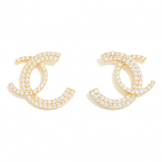 Rhinestone Studded Linked Semi-Circle Oversized Stud Earrings - Gold