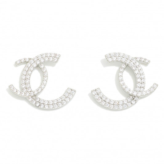 Rhinestone Studded Linked Semi-Circle Oversized Stud Earrings - Silver
