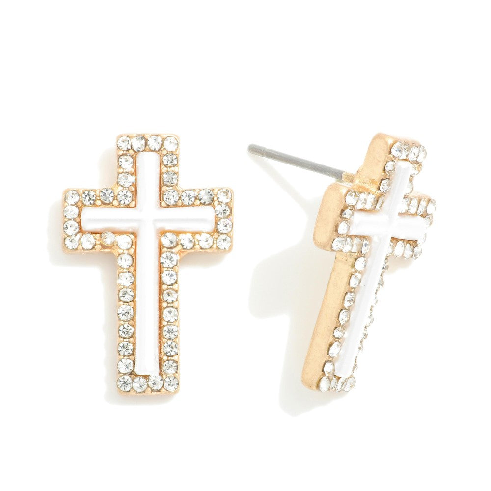 Pearlescent Cross Stud Earrings With Rhinestone Border - Gold