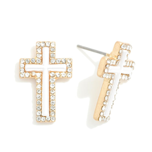 Pearlescent Cross Stud Earrings With Rhinestone Border - Gold