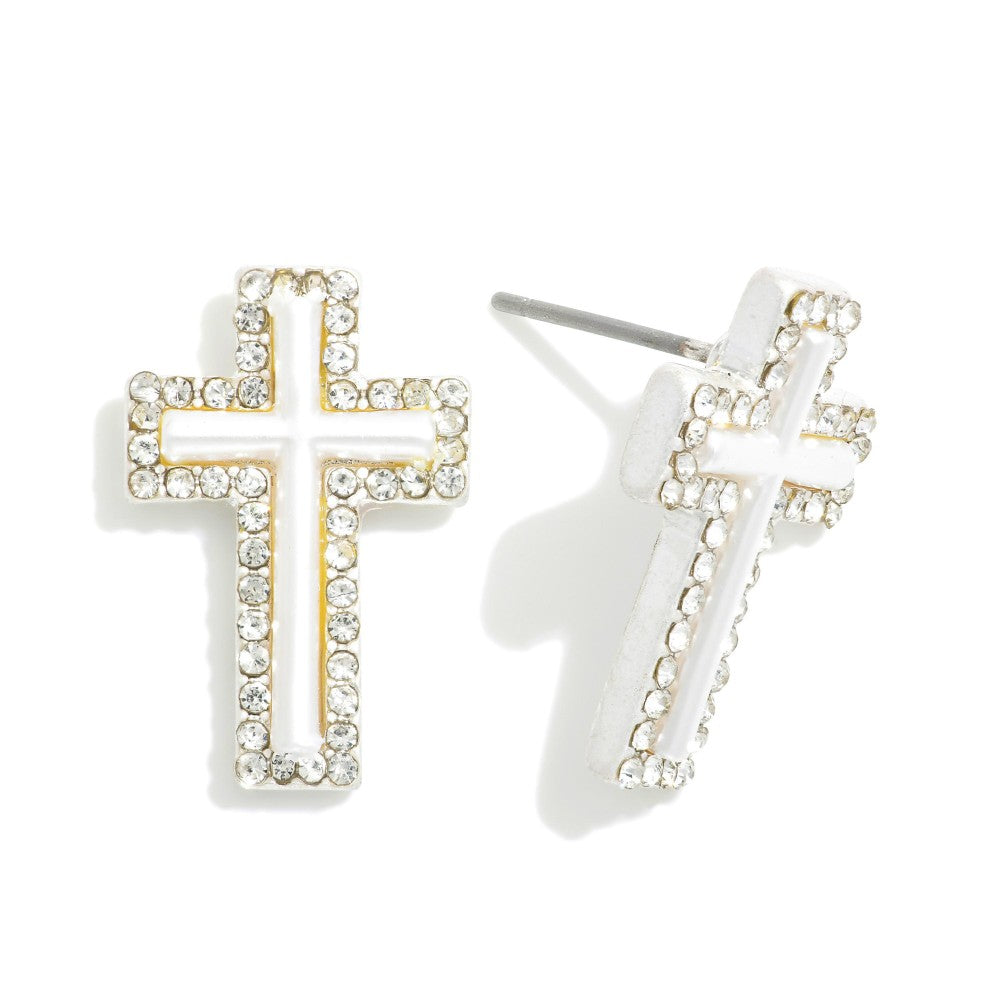 Pearlescent Cross Stud Earrings With Rhinestone Border - Silver