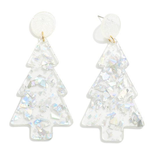 Acetate Christmas Tree Drop Earrings With Metallic Flakes