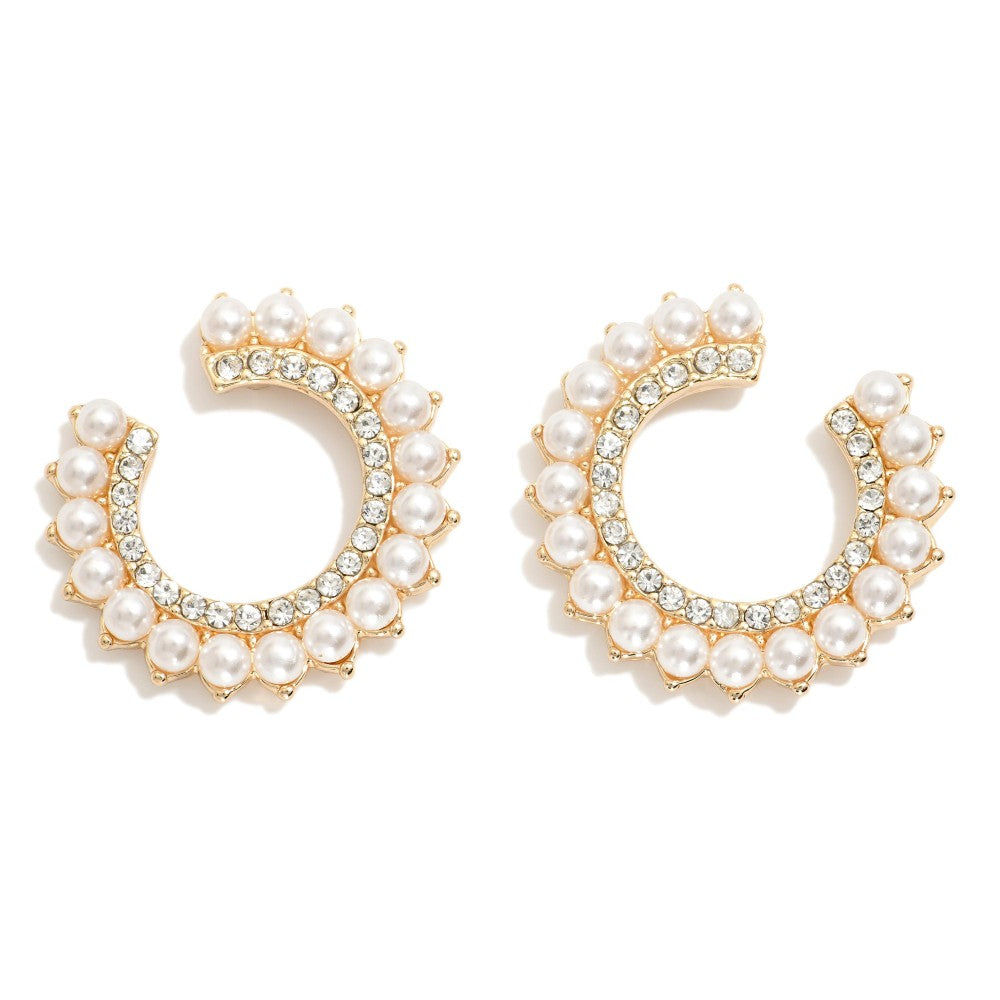Pearl & Rhinestone Studded Crescent Post Drop Earrings