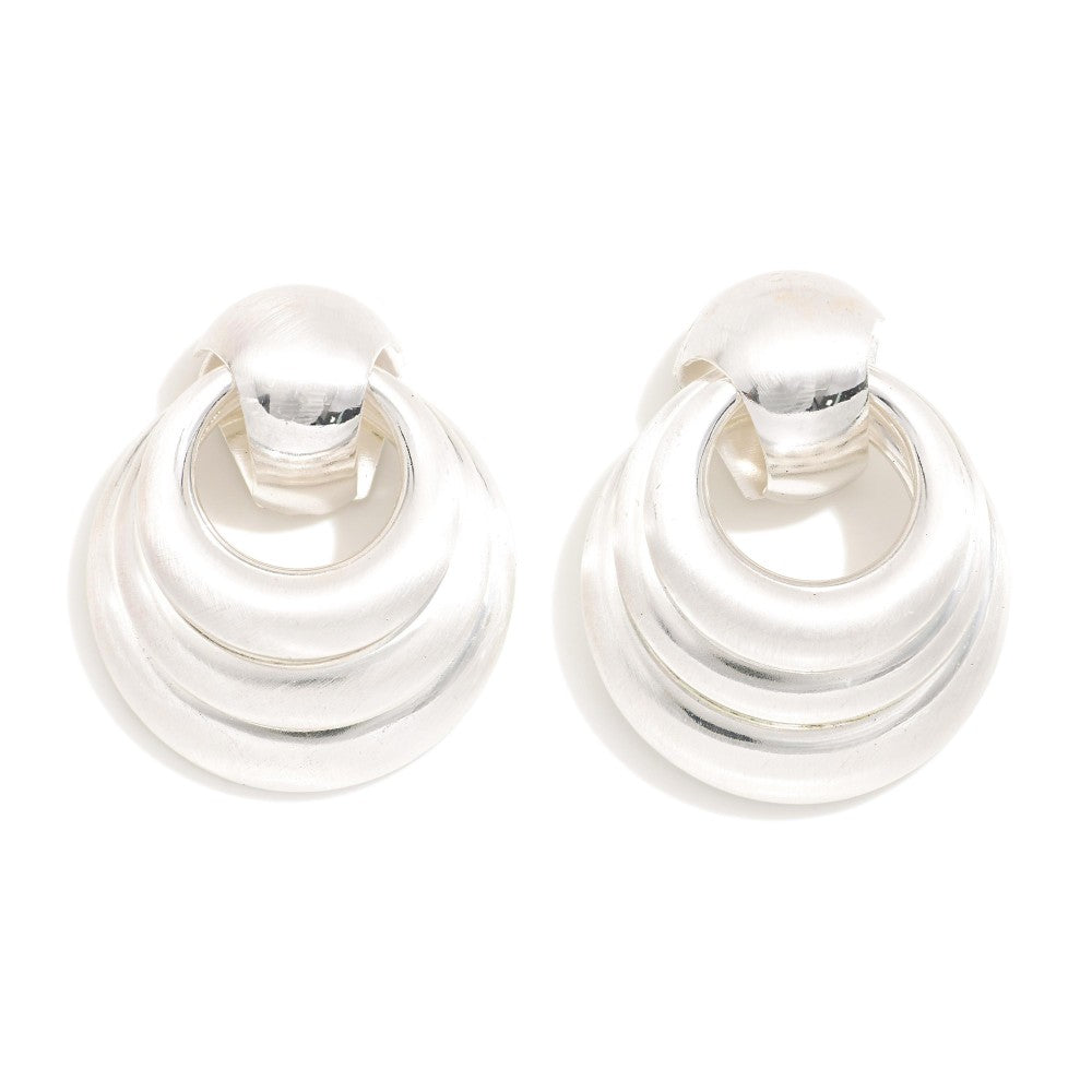 Metal Tone Door Knocker Layered Hoop Post Drop Earrings - Silver
