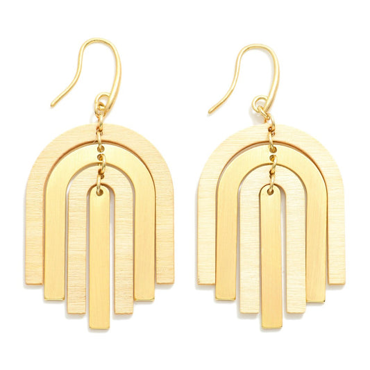 Layered Wood & Metal Tone Arch Drop Earrings