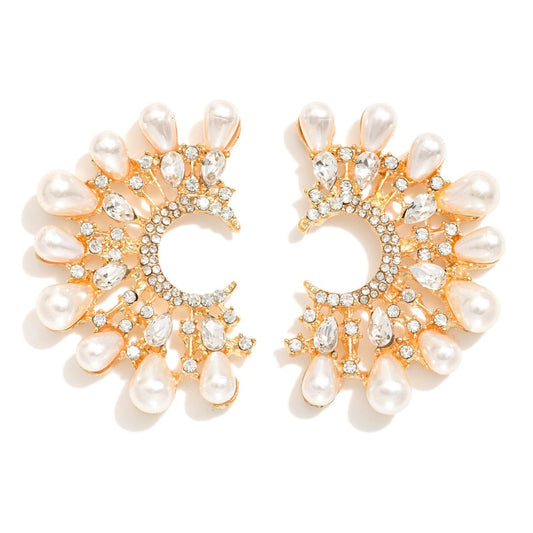 Metal Tone Sunburst Drop Earrings Featuring Pearls & Rhinestones