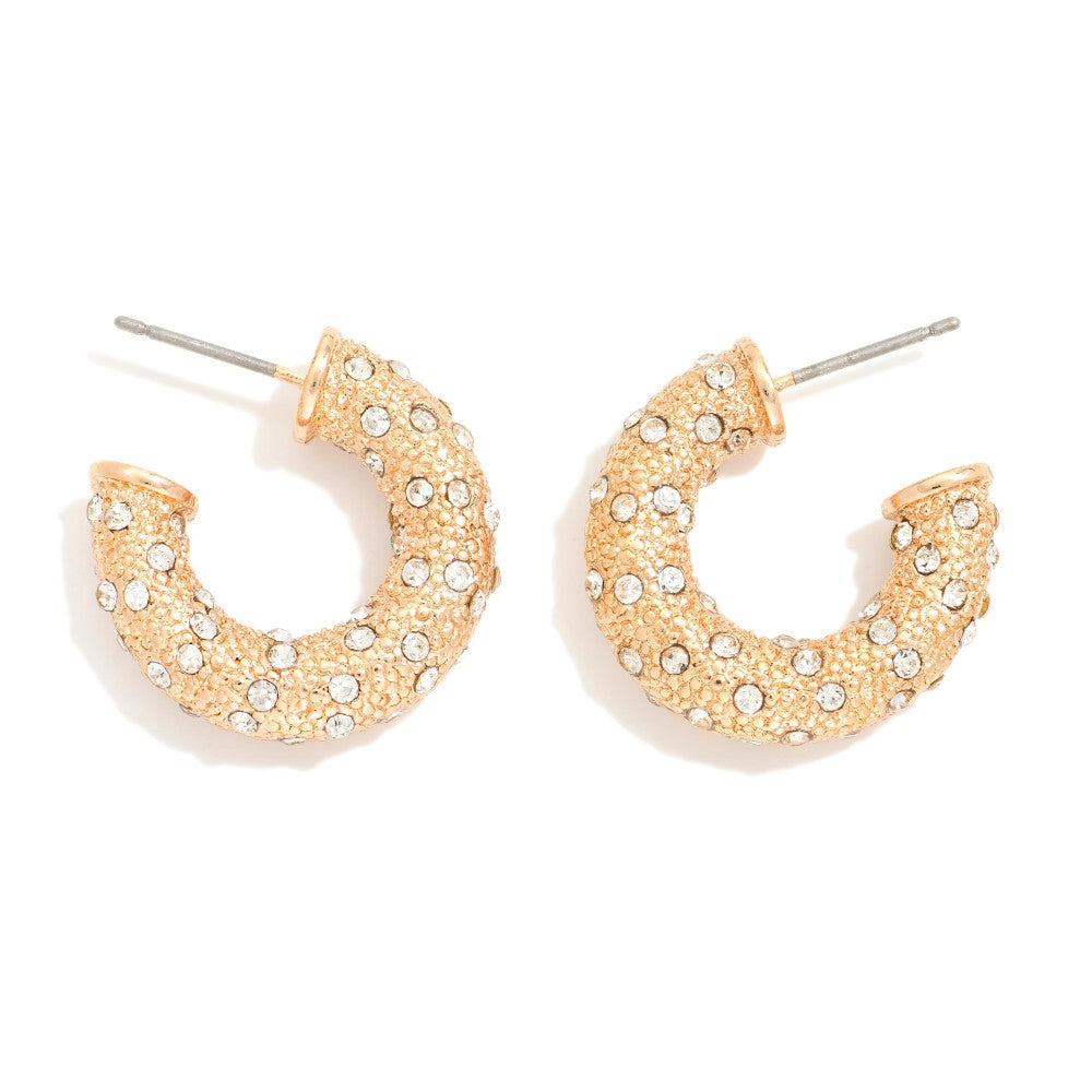 Textured Metal Hoop Earrings With Rhinestone Accents - Gold