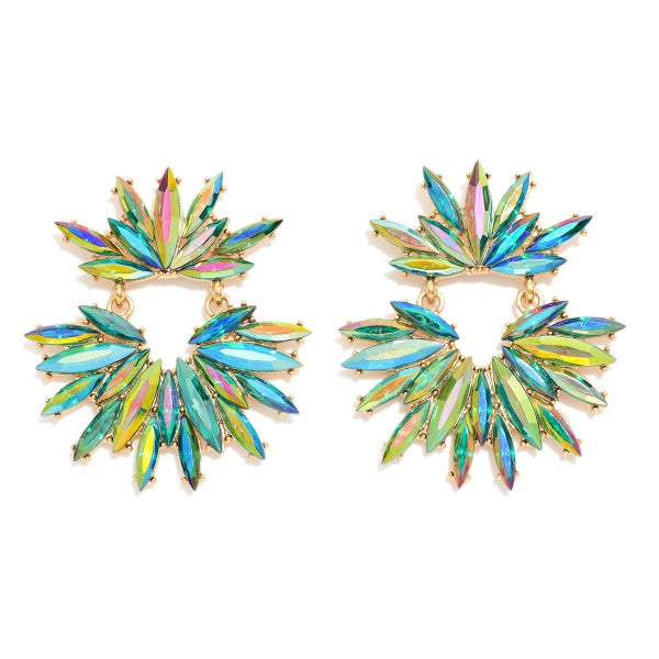 Linked Iridescent Rhinestone Burst Post Drop Earrings - Green