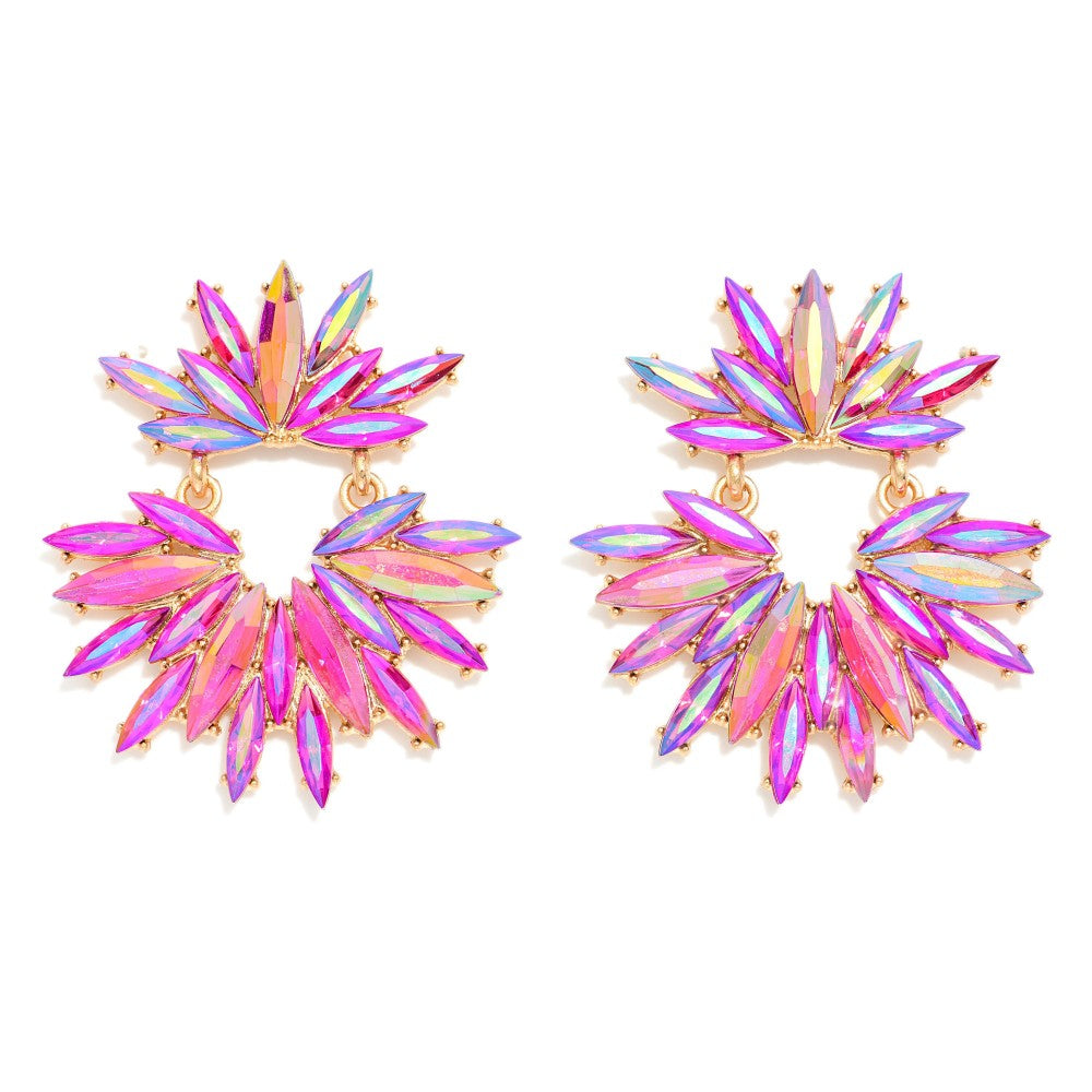 Linked Iridescent Rhinestone Burst Post Drop Earrings - Hot Pink