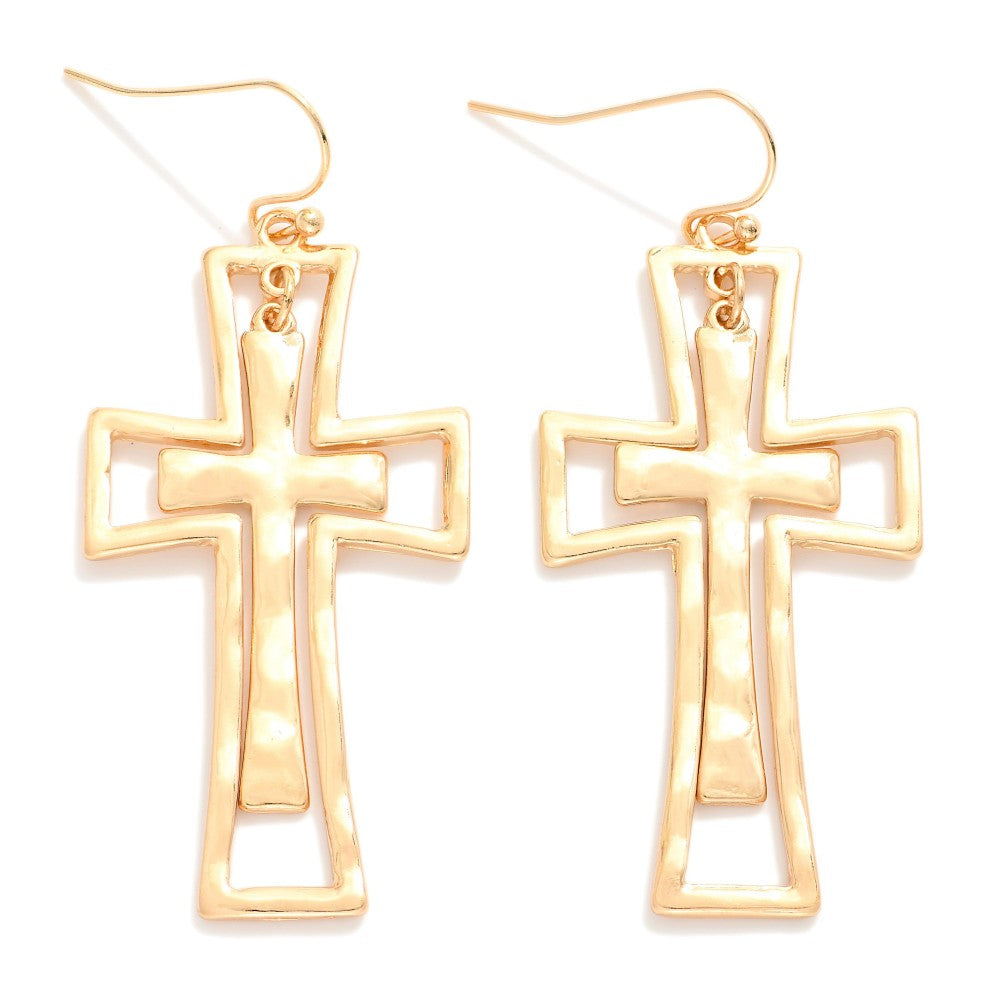 Nesting Hammered Metal Cross Drop Earrings - Gold