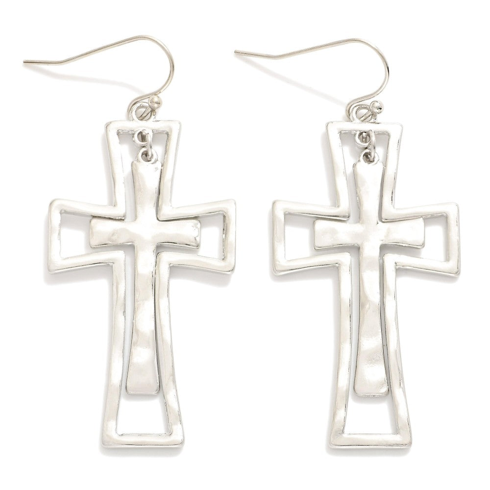 Nesting Hammered Metal Cross Drop Earrings - Silver