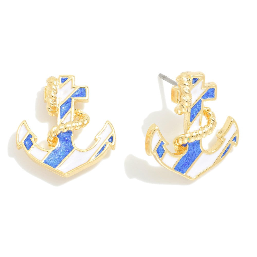 Enamel Anchor Large Stud Earrings With Metal Tone Rope Detail - Blue