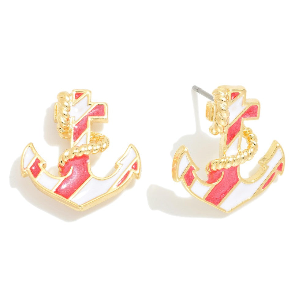 Enamel Anchor Large Stud Earrings With Metal Tone Rope Detail - Coral