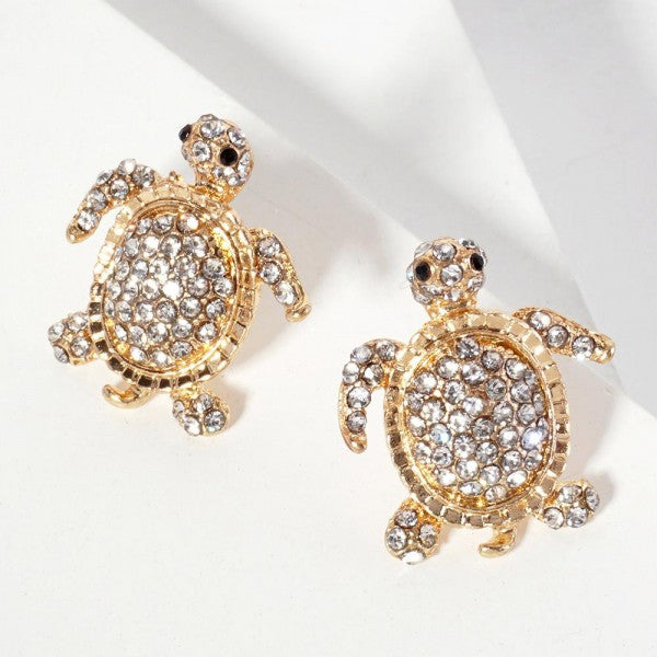 Rhinestone Studded Sea Turtle Post Drop Earrings - Gold