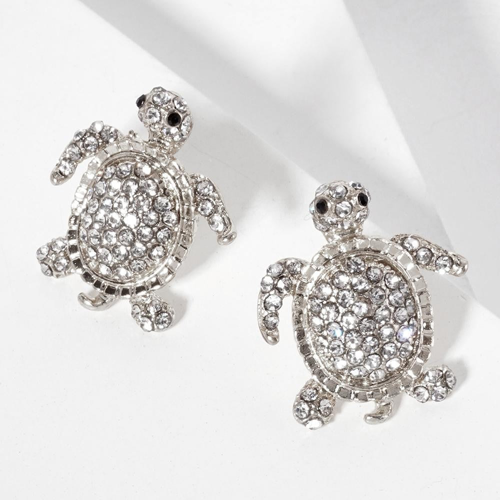 Rhinestone Studded Sea Turtle Post Drop Earrings - Silver