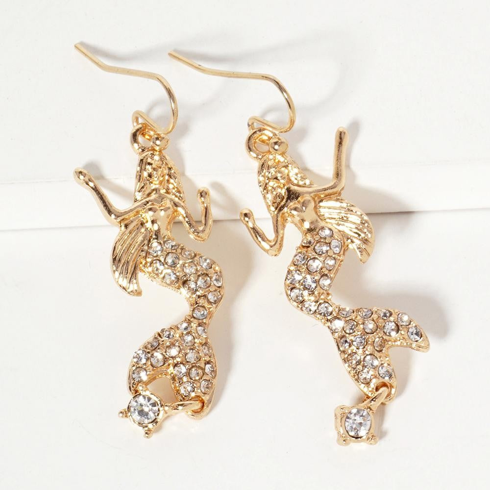 Metal Tone Mermaid Drop Earrings Featuring Rhinestone Accents - Gold