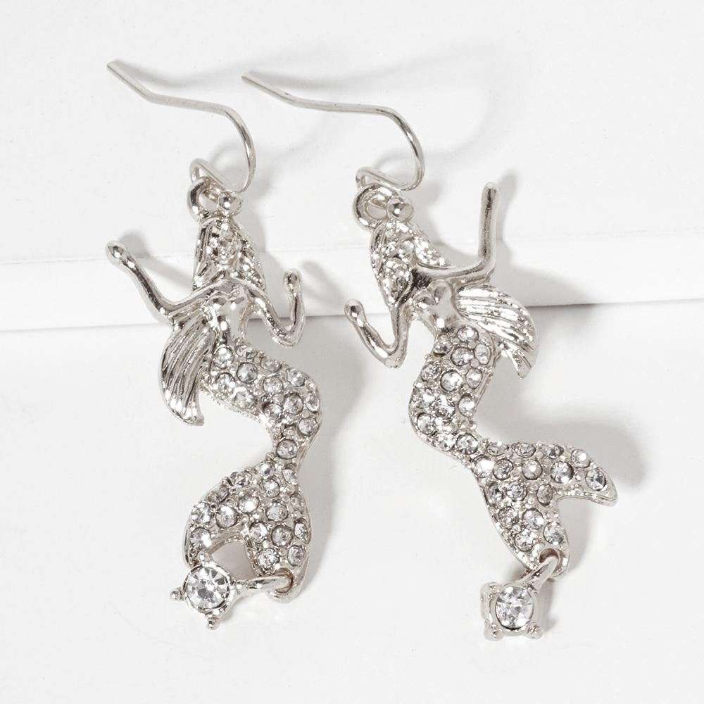 Metal Tone Mermaid Drop Earrings Featuring Rhinestone Accents - Silver
