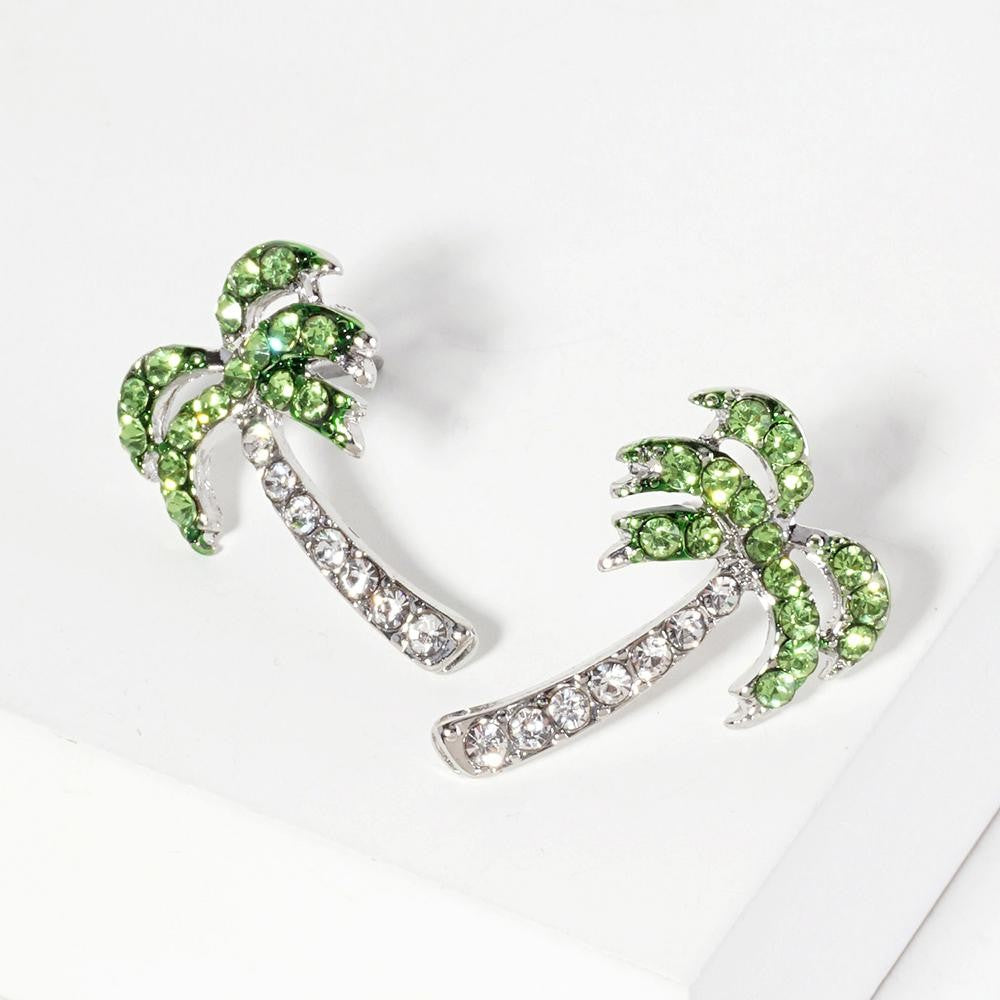 Rhinestone Studded Palm Tree Post Drop Earrings