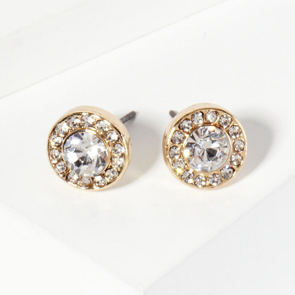 Rhinestone Stud Earrings With Mini Crystal Rhinestone Details - Gold Crystal