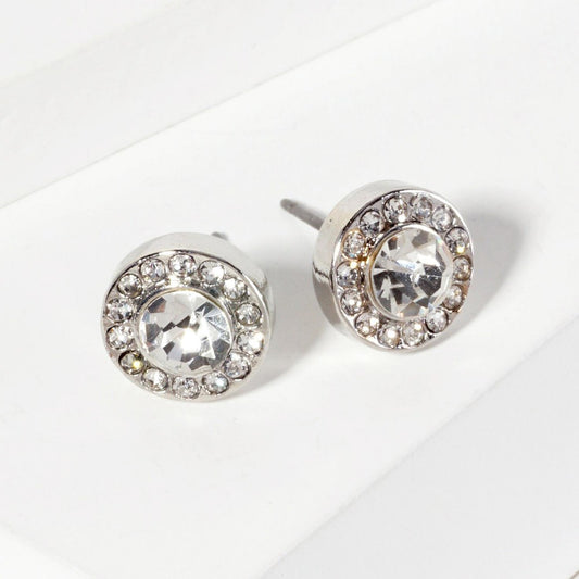 Rhinestone Stud Earrings With Mini Crystal Rhinestone Details - Silver Crystal