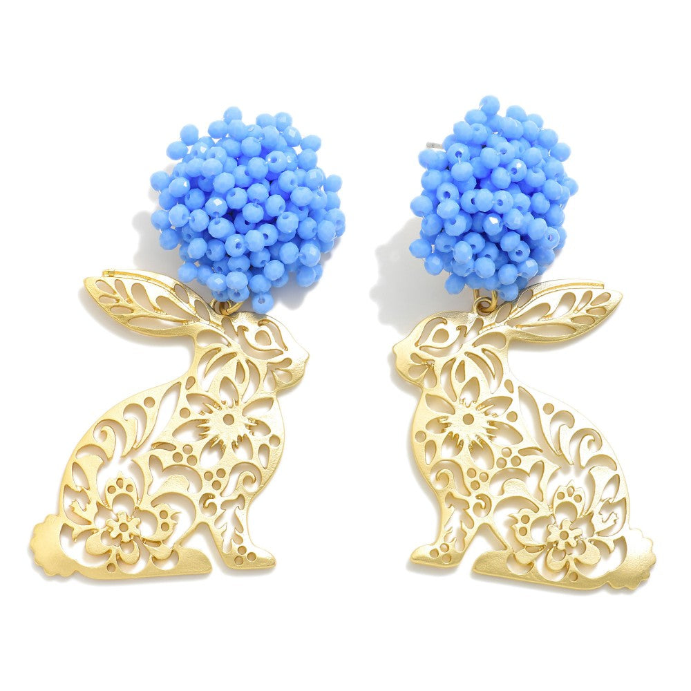 Metal Tone Easter Bunny Post Drop Earrings With Floral Cutouts & Bead Cluster Post -Blue