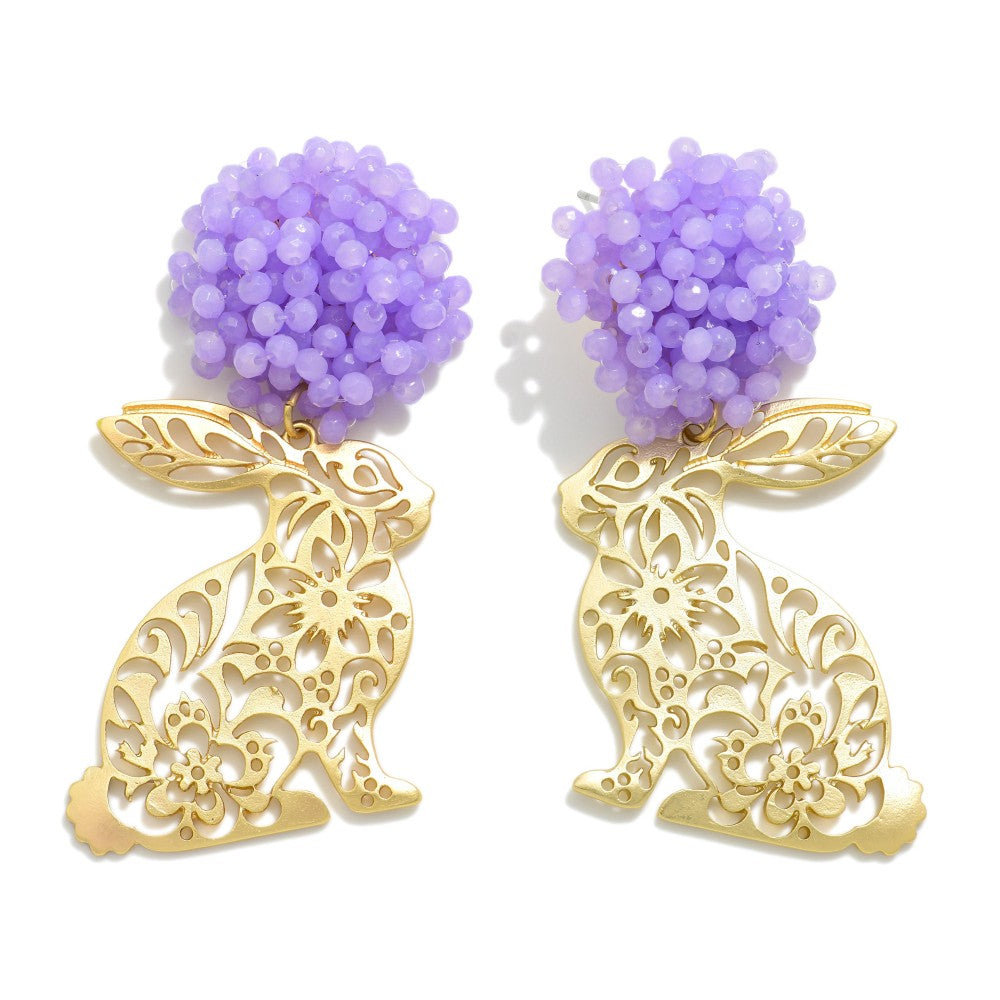 Metal Tone Easter Bunny Post Drop Earrings With Floral Cutouts & Bead Cluster Post - Lavender
