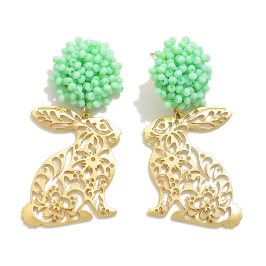 Metal Tone Easter Bunny Post Drop Earrings With Floral Cutouts & Bead Cluster Post - Mint