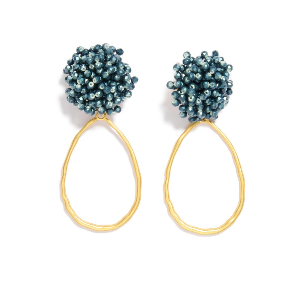 Hammered Metal Teardrop Drop Earrings Featuring Faceted Bead Cluster Post - Hematite