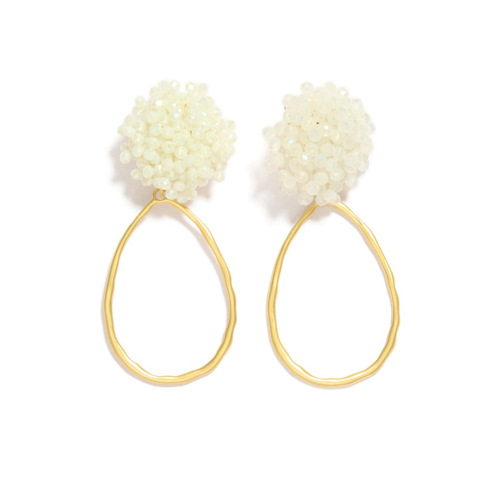 Hammered Metal Teardrop Drop Earrings Featuring Faceted Bead Cluster Post - White