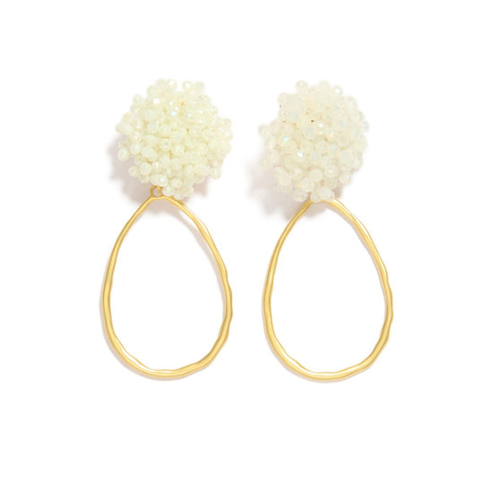 Hammered Metal Teardrop Drop Earrings Featuring Faceted Bead Cluster Post  - White