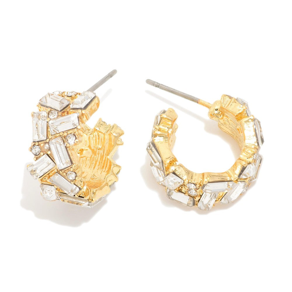 Emerald Cut Rhinestone Studded Hoop Earrings- Clear